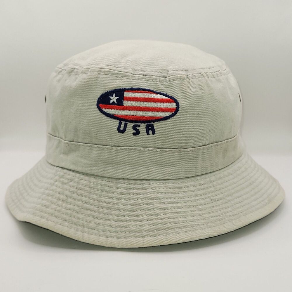 USA American Flag Bucket Hat Men's Size M 100% Cotton Beige Dorfman Pacific GUC